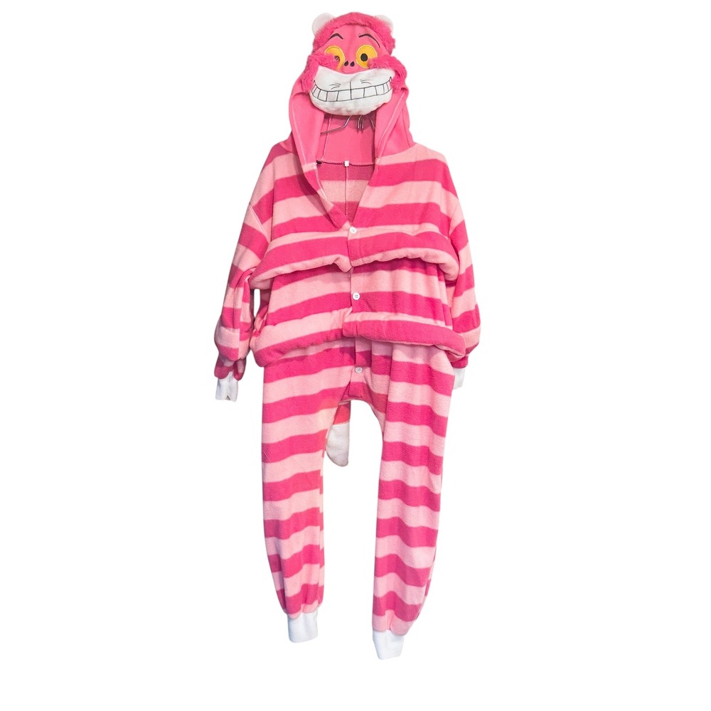 Cheshire Cat Pink Striped Fleece Kigurumi Hooded Pajama Jumpsuit XL Costume